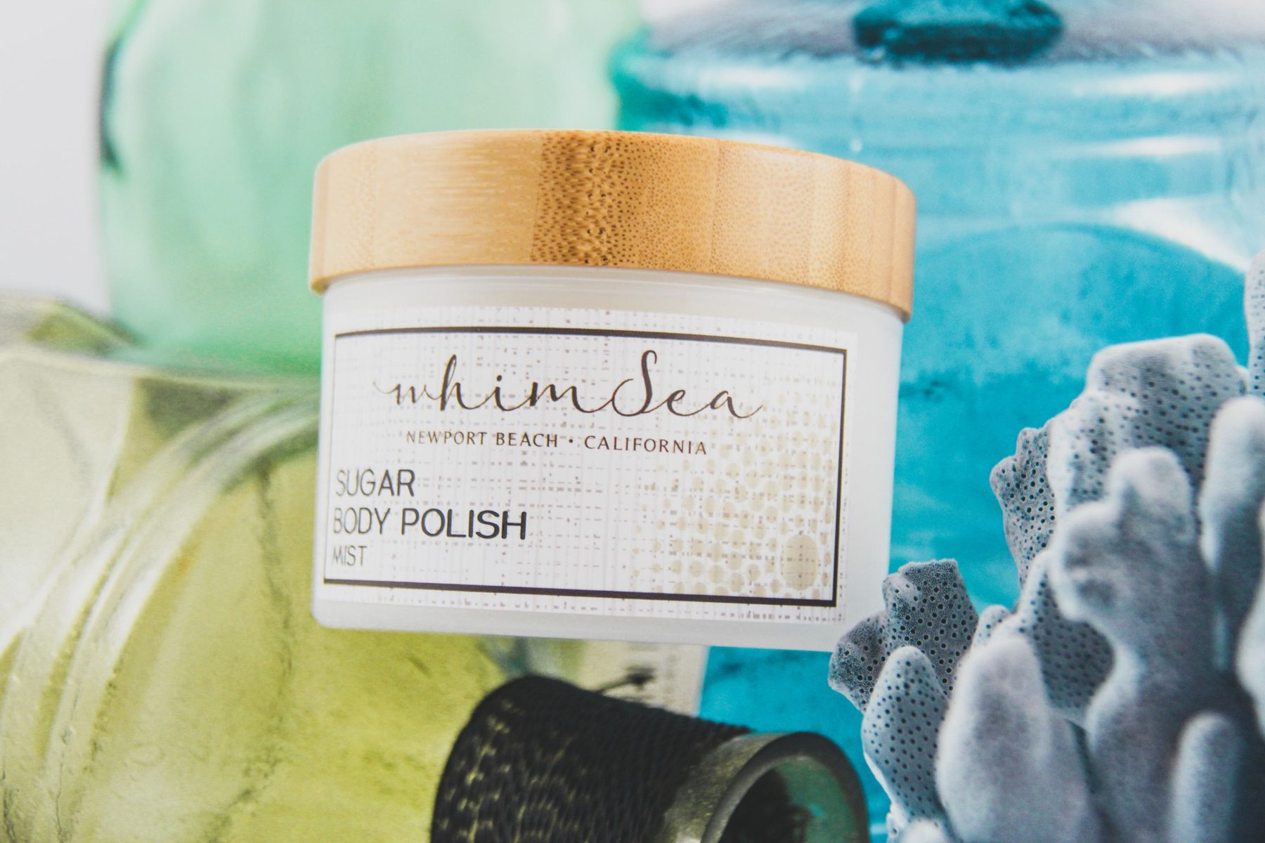 WhimSea Sugar Body Polish in Mist with sea glass and coral